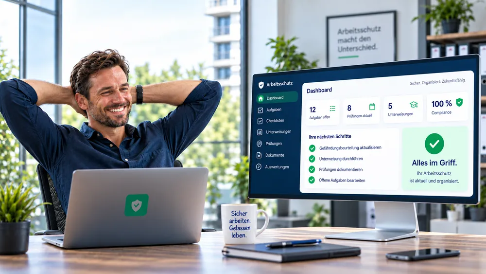 Digitaler Arbeitsschutz: Zwei Mitarbeitende prüfen gemeinsam ein Dashboard auf einem Tablet
